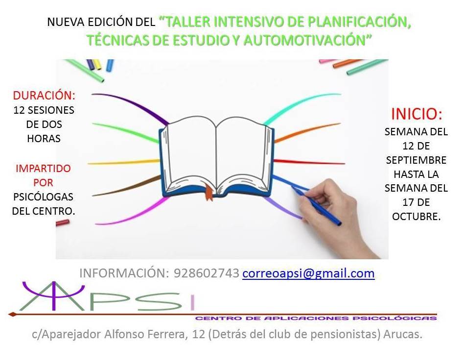 NUEVA EDICIÓN TALLER INTENSIVO DE PLANIFICACIÓN, TÉCNICAS DE ESTUDIO Y AUTOMOTIVACIÓN.
