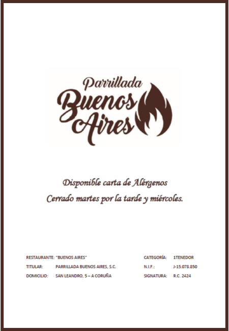 Portada Carta - Parrillada Buenos Aires A Coruña Portada Carta - Parrillada Buenos Aires A Coruña