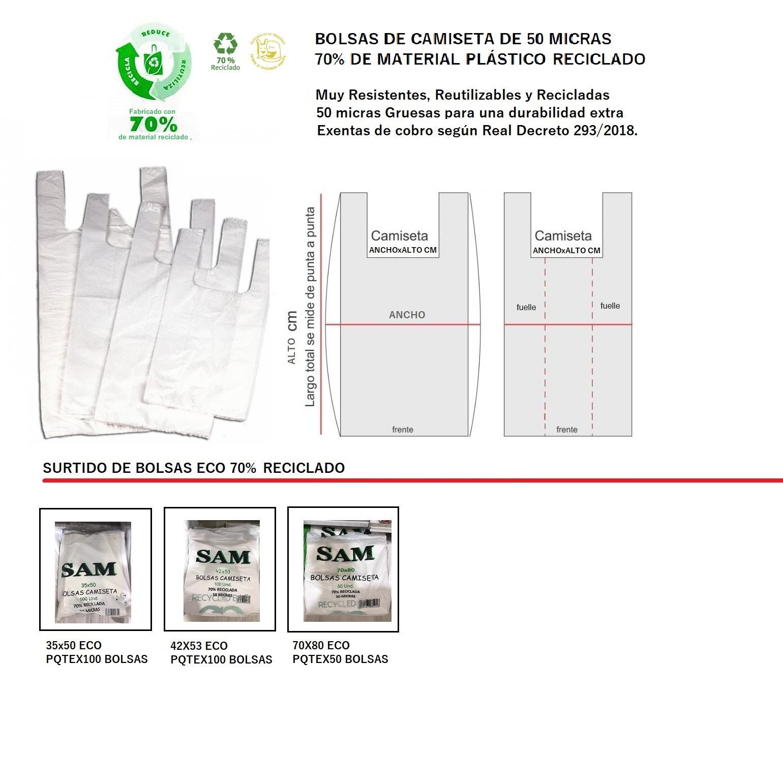 PQTE DE BOLSAS DE ASA TIPO CAMISETA 70% RECICLADA 50 MICRAS// MEDIDAS: (35X50CM) PQTEX100 BOLSAS REF: 35X50 ECO PRECIO: 7,65€//(42X53CM) PQTEX100 BOLSAS REF: 42X53 ECO PRECIO: 8,75€// (70x80CM)PQTEX50 BOLSAS REF: 70X80 ECO PRECIO: 13,50€ PQTE DE BOLSAS DE ASA TIPO CAMISETA 70% RECICLADA 50 MICRAS// MEDIDAS: (35X50CM) PQTEX100 BOLSAS REF: 35X50 ECO PRECIO: 7,65€//(42X53CM) PQTEX100 BOLSAS REF: 42X53 ECO PRECIO: 8,75€// (70x80CM)PQTEX50 BOLSAS REF: 70X80 ECO PRECIO: 13,50€