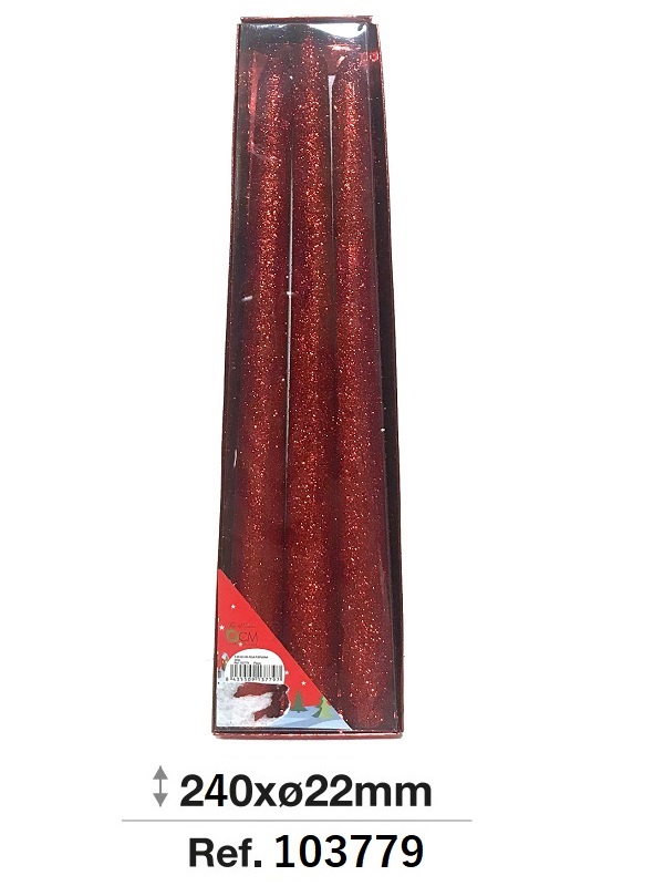Paquetex12 Vela cónica de purpurina brillo color: rojo de ø10-20 x 240 mm ref: 103779 precio: 6,00€/Pqte (0,50€/ud) Paquetex12 Vela cónica de purpurina brillo color: rojo de ø10-20 x 240 mm ref: 103779 precio: 6,00€/Pqte (0,50€/ud)
