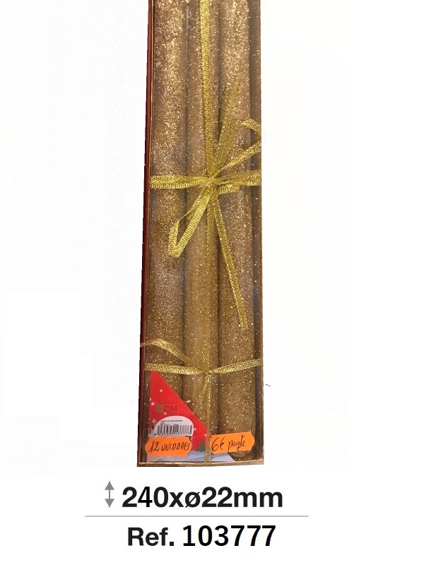 Paquetex12 Vela cónica de purpurina brillo color: oro de ø10-20 x 240 mm ref: 103777 precio: 6,00€/Pqte (0,50€/ud) Paquetex12 Vela cónica de purpurina brillo color: oro de ø10-20 x 240 mm ref: 103777 precio: 6,00€/Pqte (0,50€/ud)