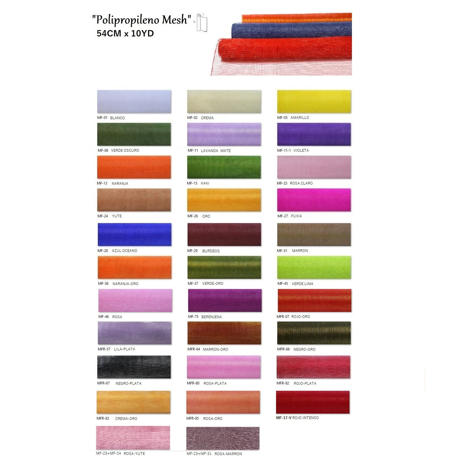 MALLA REJILLA BASICA "POLIPROPILENO MESH" (54CM x 10 YARDAS) REF: MF-(NUM.COLOR)/MFR-(NUM.COLOR) PRECIO: 3,50€/UD// oferta x20ud el precio unitario se reduce a 3,15€/ud MALLA REJILLA BASICA "POLIPROPILENO MESH" (54CM x 10 YARDAS) REF: MF-(NUM.COLOR)/MFR-(NUM.COLOR) PRECIO: 3,50€/UD// oferta x20ud el precio unitario se reduce a 3,15€/ud