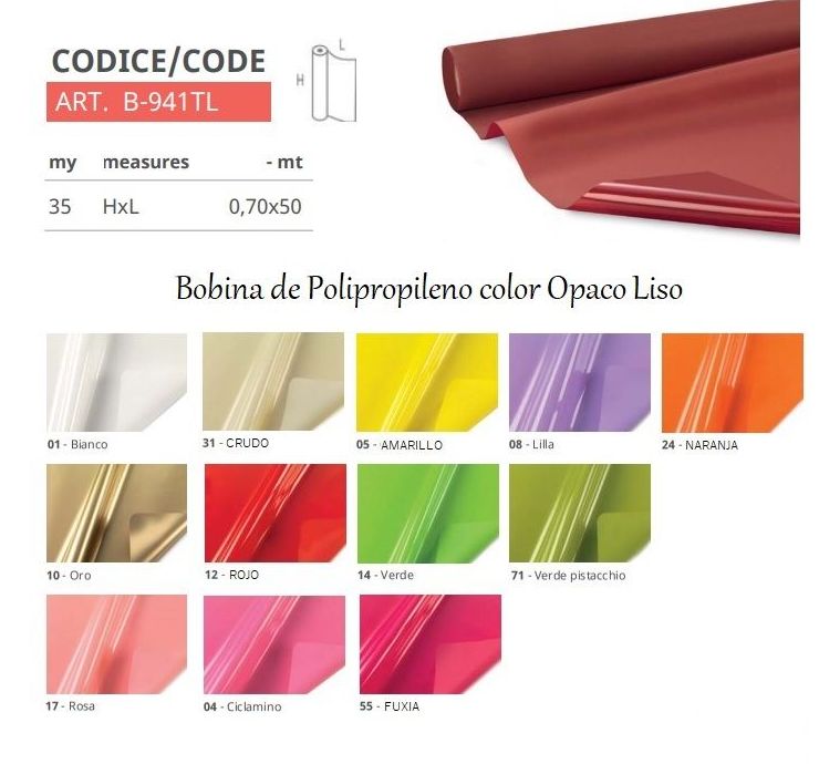BOBINA PP OPACO LISO 1CARA 35my (0,70 x 50MT) REF: B-941TL PRECIO: 9,95€ BOBINA PP OPACO LISO 1CARA 35my (0,70 x 50MT) REF: B-941TL PRECIO: 9,95€