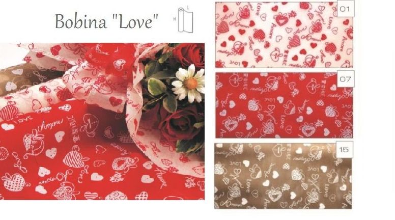 BOBINA TEXTIL (POLIESTER) MODELO "Love" 530MM x 9MT (COL. 01 BLANCO, 07 ROJO y 15 MARRON) REF: 0354 PRECIO: 5,65€ BOBINA TEXTIL (POLIESTER) MODELO "Love" 530MM x 9MT (COL. 01 BLANCO, 07 ROJO y 15 MARRON) REF: 0354 PRECIO: 5,65€