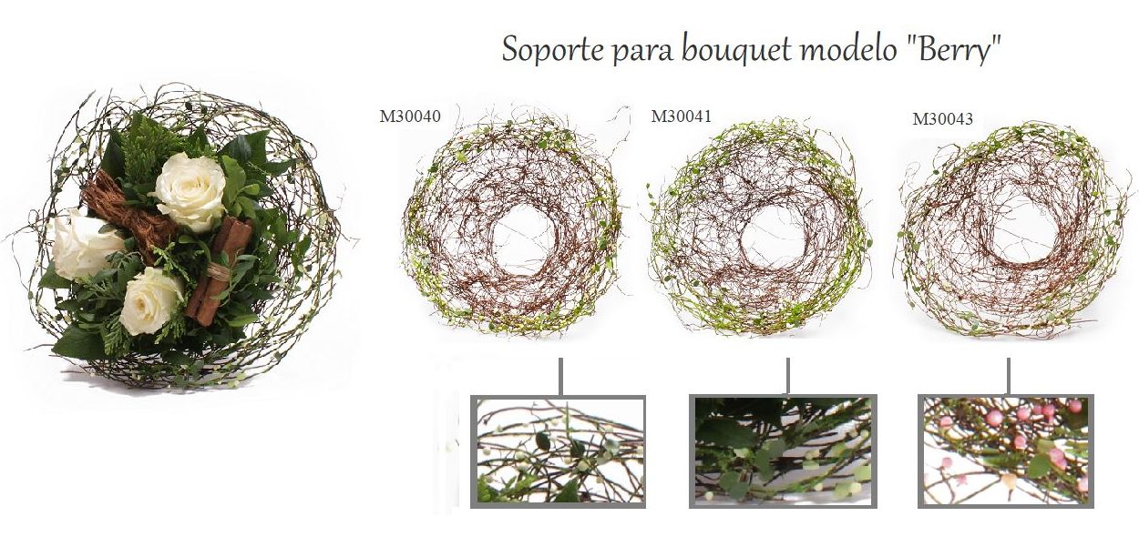 SOPORTE PARA BOUQUET MODELO "Berry" (SÁLIX) 20cm (COL.: REF: M30040 verde, M30041 BLANCO, M30043 ROSA) 1,35€/UD (SE VENDEN EN PQTES DE 10 UNIDADES) SOPORTE PARA BOUQUET MODELO "Berry" (SÁLIX) 20cm (COL.: REF: M30040 verde, M30041 BLANCO, M30043 ROSA) 1,35€/UD (SE VENDEN EN PQTES DE 10 UNIDADES)