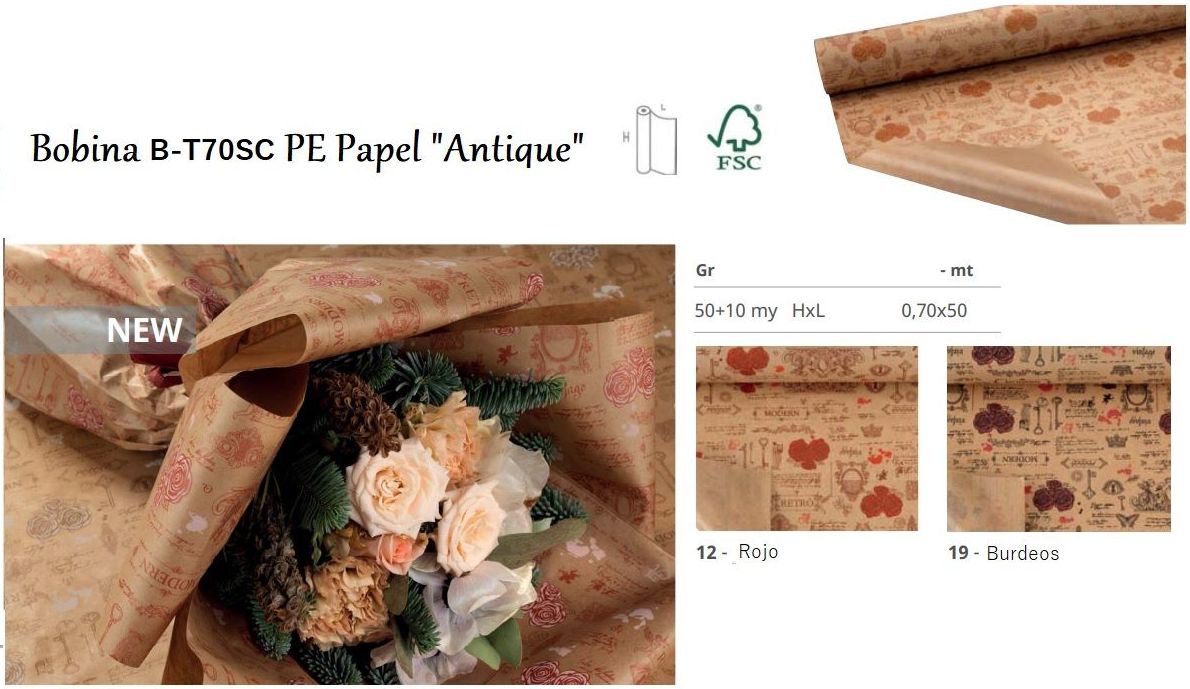 BOBINA PAPEL FSC + PE (IMPERMEABLE) "ANTIQUE" (50GR 10MY 0,70 x 50MT)/ 12 (ROJO) Y 19 (BURDEOS) REF: B-T70SC+ (COLOR) PRECIO: 15,00€/UD BOBINA PAPEL FSC + PE (IMPERMEABLE) "ANTIQUE" (50GR 10MY 0,70 x 50MT)/ 12 (ROJO) Y 19 (BURDEOS) REF: B-T70SC+ (COLOR) PRECIO: 15,00€/UD