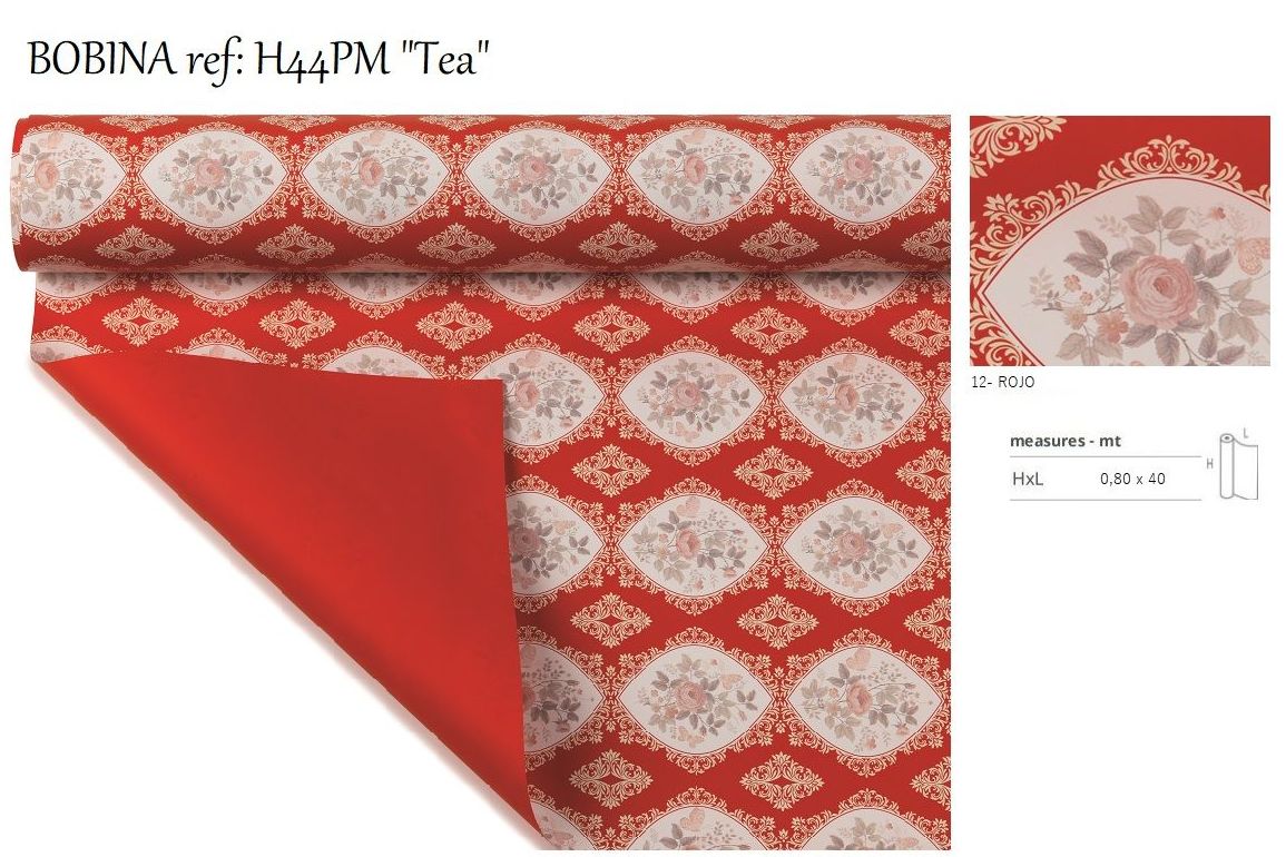 BOBINA PP PERLADO 2 CARAS ESTAMPADO "TEA" (40MY 0,80 x 40MT)/ COL. 12 ROJO REF: B-H44PM-K7ZRO PRECIO: 13,50€ BOBINA PP PERLADO 2 CARAS ESTAMPADO "TEA" (40MY 0,80 x 40MT)/ COL. 12 ROJO REF: B-H44PM-K7ZRO PRECIO: 13,50€