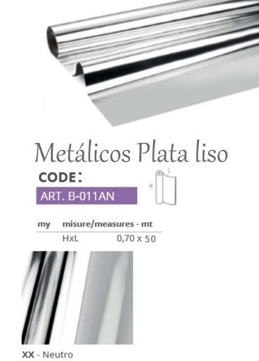 BOBINA PP METALICO LISO PLATA 35my (0,70 x 50MT) REF: B-011AN PRECIO: 8,95€ BOBINA PP METALICO LISO PLATA 35my (0,70 x 50MT) REF: B-011AN PRECIO: 8,95€