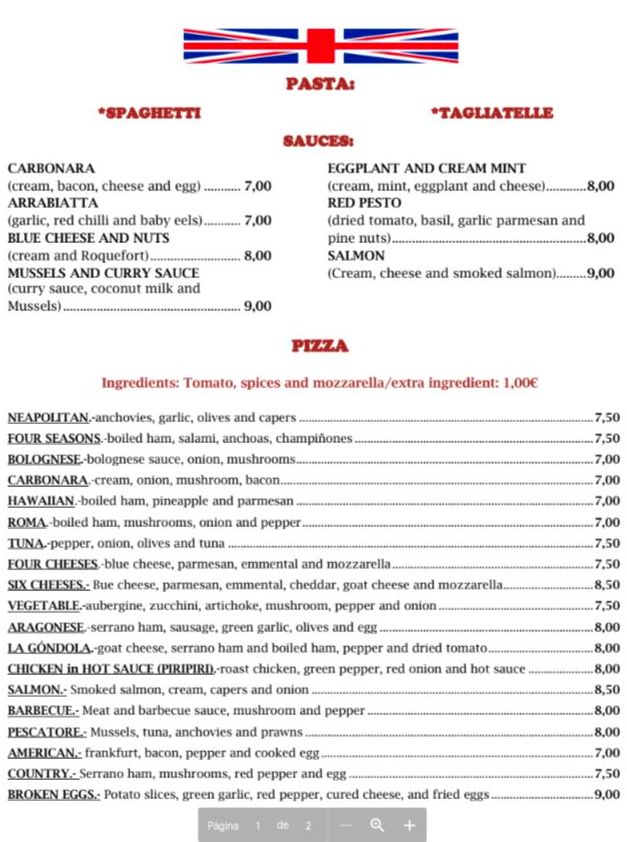 Menú en Inglés: Carta de Pizzería Restaurante La Góndola Menú en Inglés: Carta de Pizzería Restaurante La Góndola