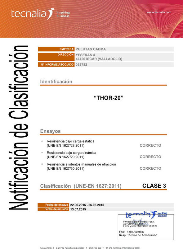 Certificacion de TECNALIA UNE-EN 1627:2011 GRADO3 Certificacion de TECNALIA UNE-EN 1627:2011 GRADO3