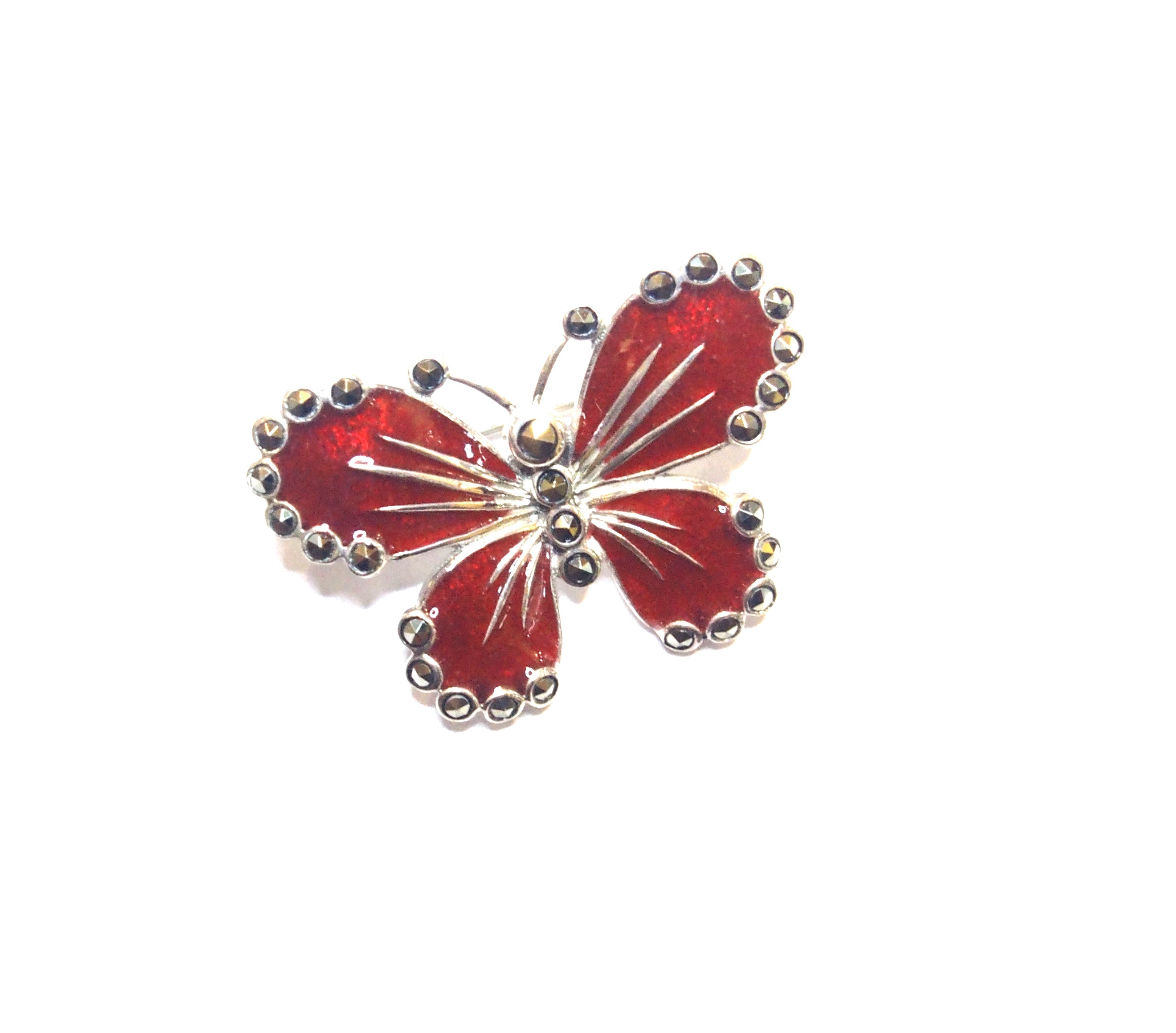 Broche Plata 1º ley con forma mariposa , laca roja y marcasitas AB-619/74: Catálogo de Antigua Joyeros Broche Plata 1º ley con forma mariposa , laca roja y marcasitas AB-619/74: Catálogo de Antigua Joyeros
