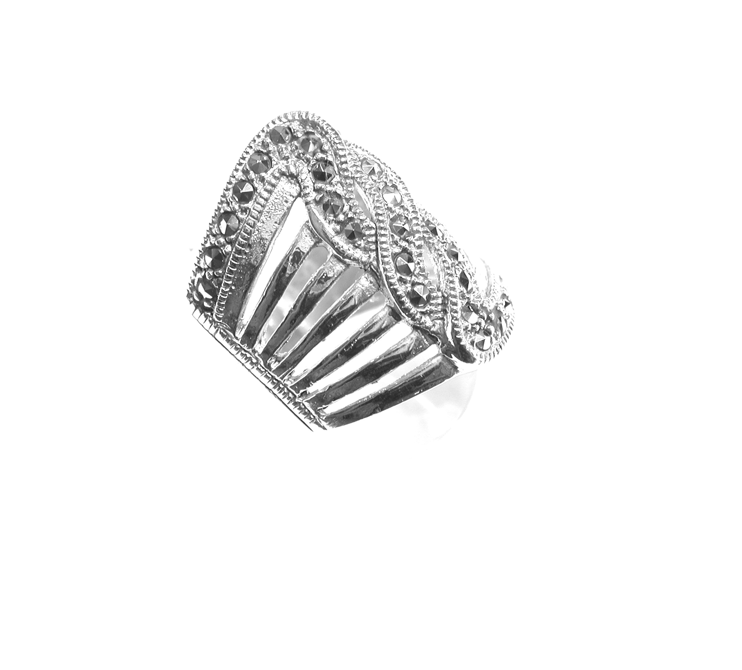 Sortija Ancha y calada de Plata de 1ª Ley con Marcasitas Ref. ES-882/00: Catálogo de Antigua Joyeros Sortija Ancha y calada de Plata de 1ª Ley con Marcasitas Ref. ES-882/00: Catálogo de Antigua Joyeros