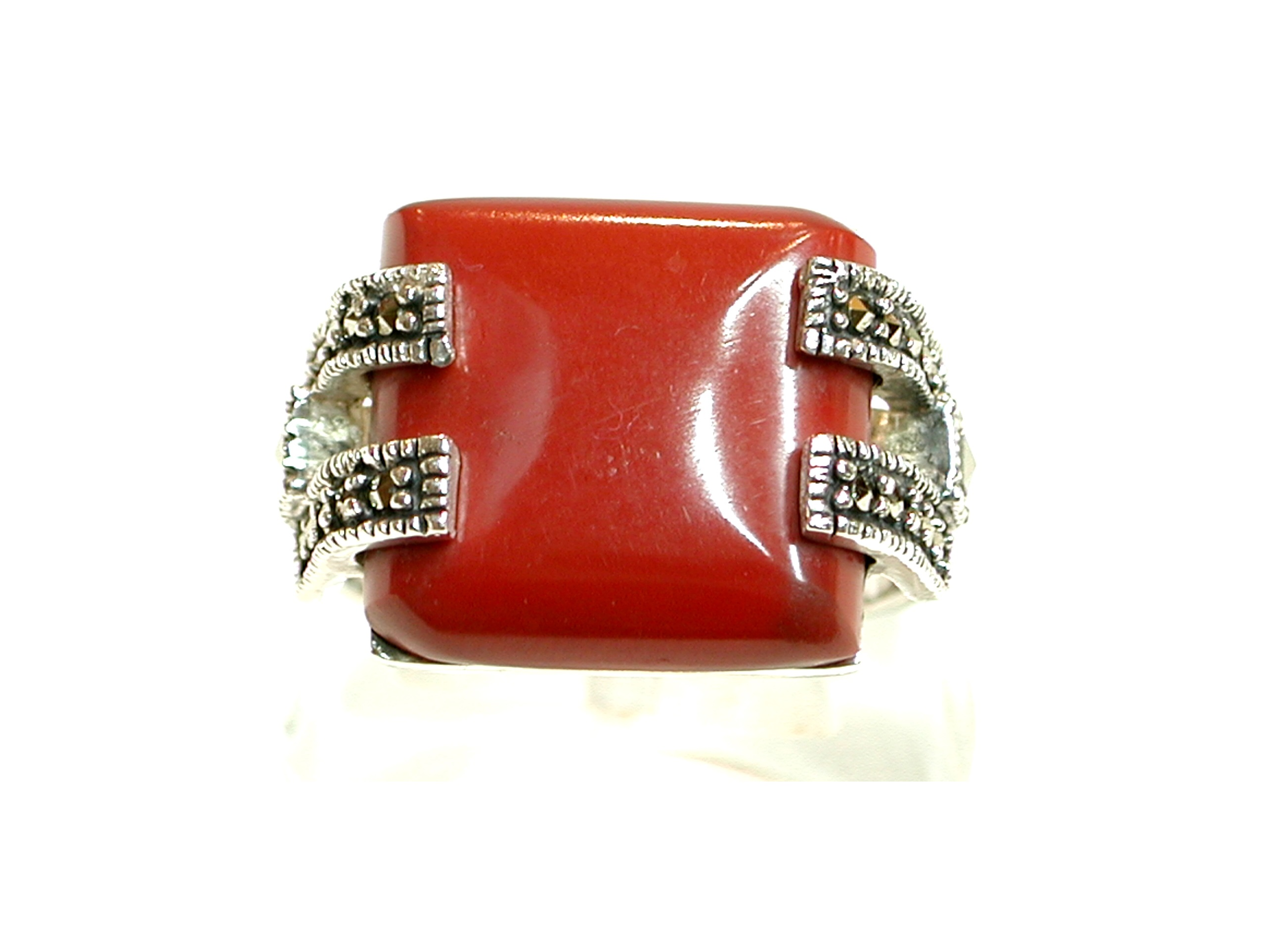Sortija de Plata de 1ª Ley con coral sintético y marcasitas. Ref. VS7076/44: Catálogo de Antigua Joyeros Sortija de Plata de 1ª Ley con coral sintético y marcasitas. Ref. VS7076/44: Catálogo de Antigua Joyeros