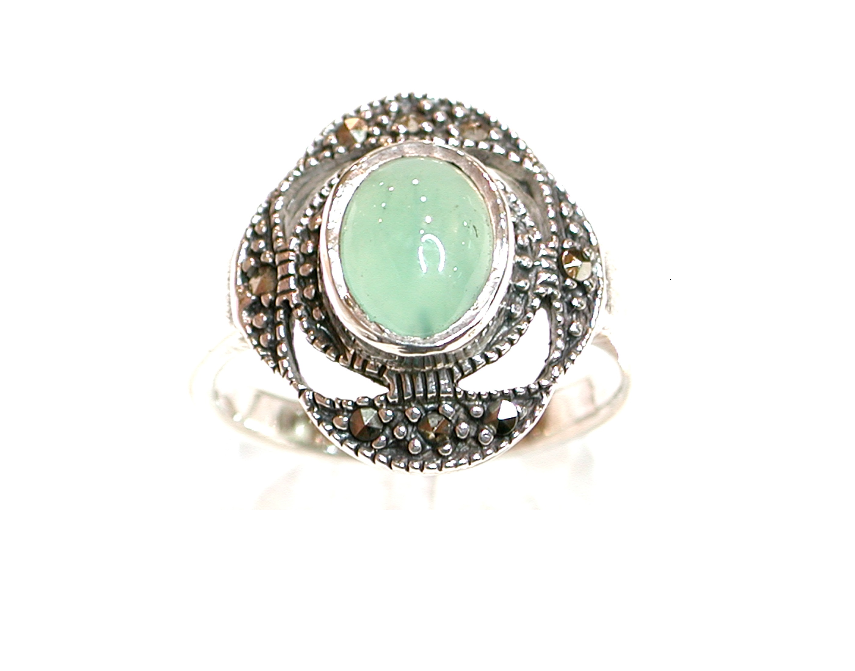 Sortija de Plata de 1ª Ley, jade australiano y marcasitas. Ref. MS4434/69: Catálogo de Antigua Joyeros Sortija de Plata de 1ª Ley, jade australiano y marcasitas. Ref. MS4434/69: Catálogo de Antigua Joyeros