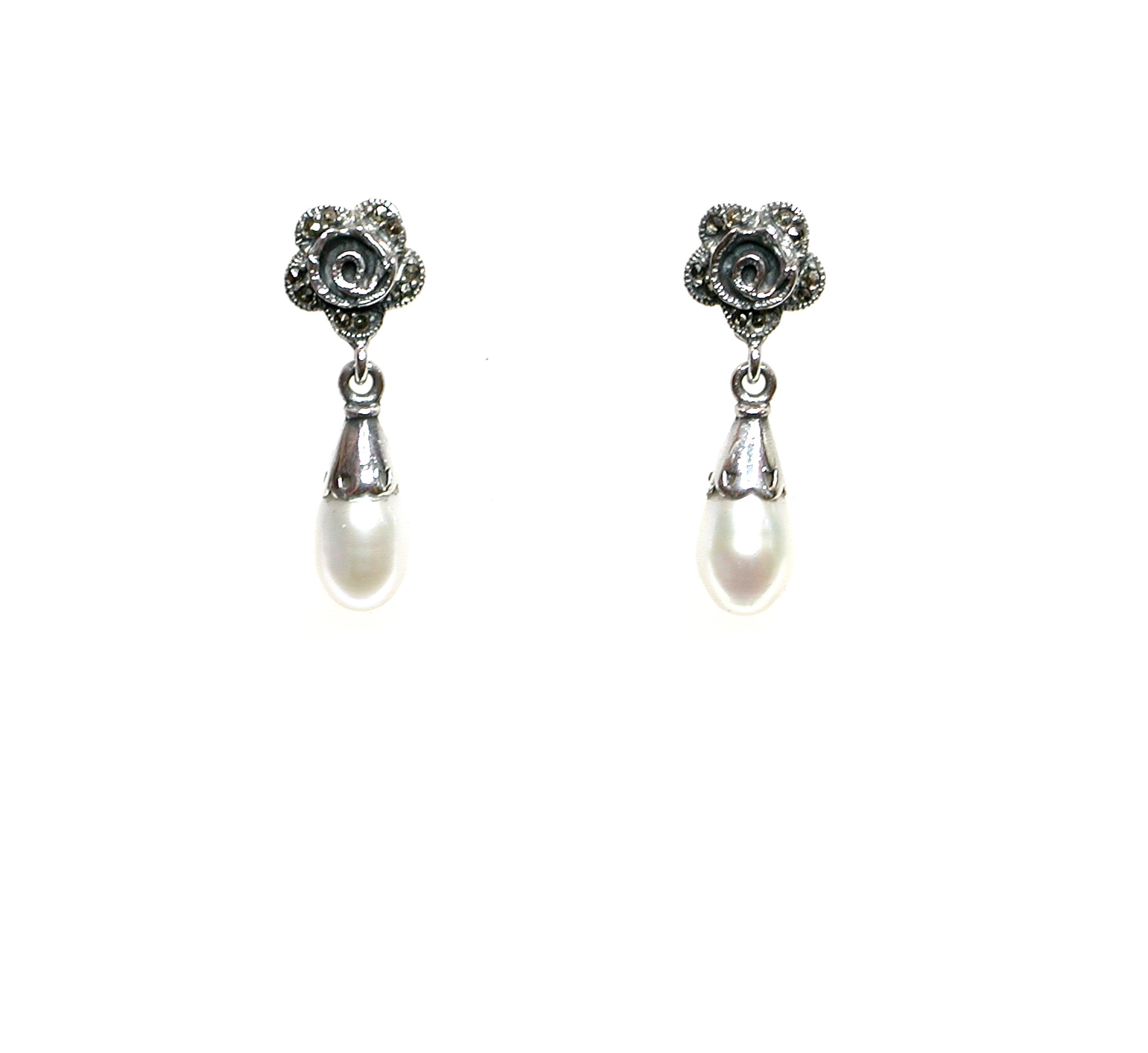 Pendientes de Plata de 1ªLey, Perla y Marcasitas. Ref. CPT003/13: Catálogo de Antigua Joyeros Pendientes de Plata de 1ªLey, Perla y Marcasitas. Ref. CPT003/13: Catálogo de Antigua Joyeros