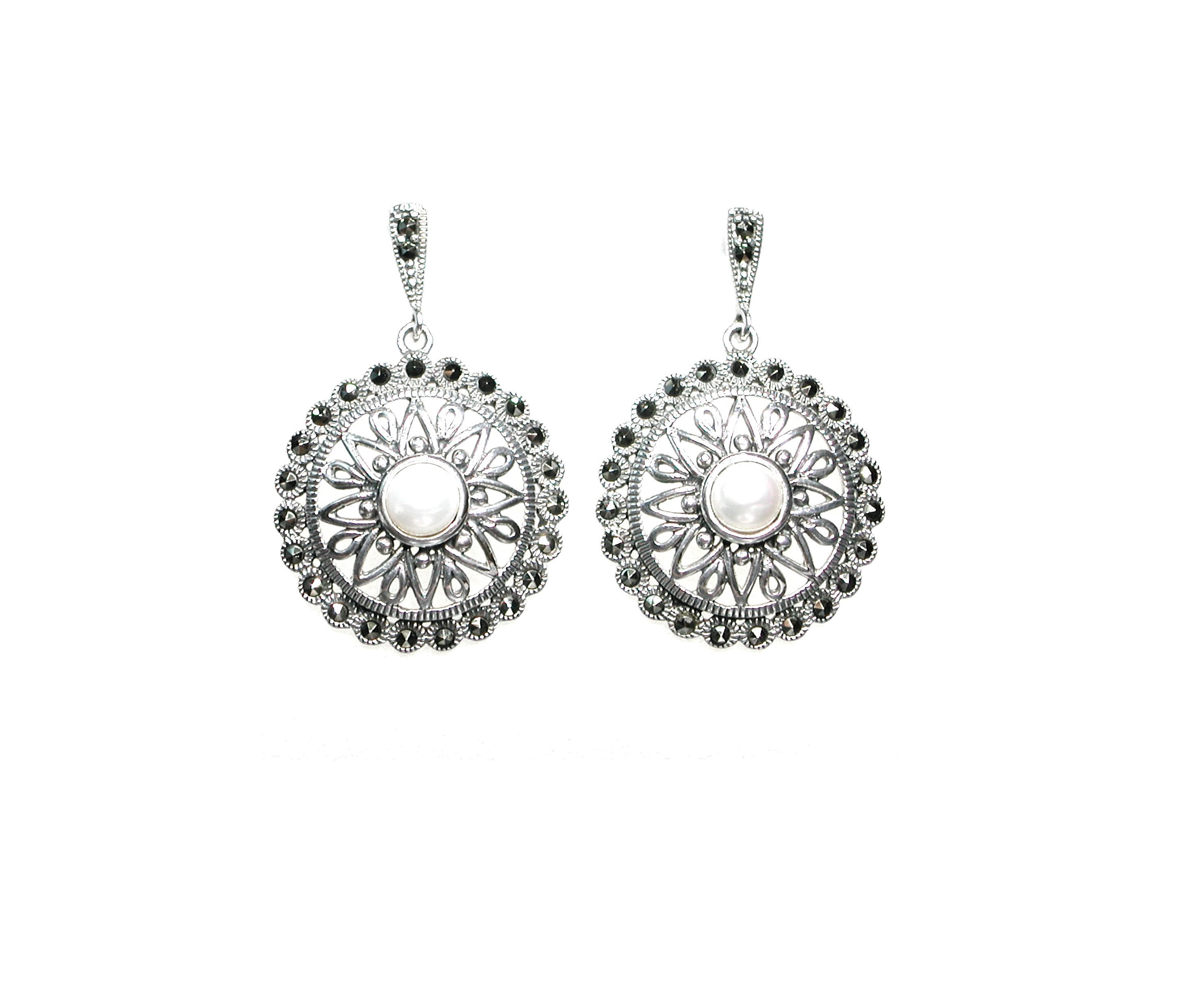 Pendientes de Plata de 1ª Ley, Perlas y Marcasita. Ref. HP4518/13: Catálogo de Antigua Joyeros Pendientes de Plata de 1ª Ley, Perlas y Marcasita. Ref. HP4518/13: Catálogo de Antigua Joyeros