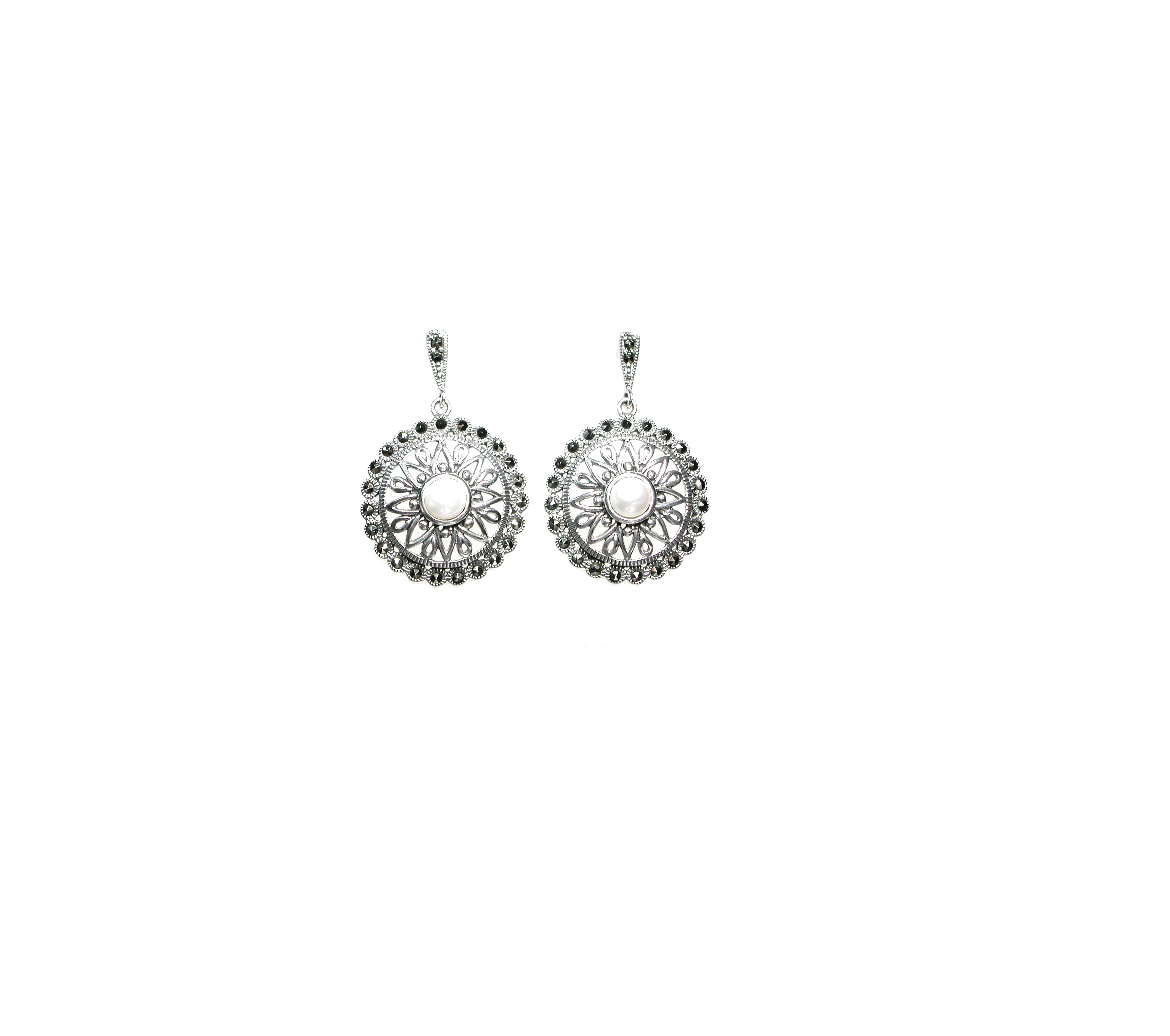 Pendientes de Plata de 1ª Ley, Perlas y Marcasita. Ref. HP4518/13: Catálogo de Antigua Joyeros Pendientes de Plata de 1ª Ley, Perlas y Marcasita. Ref. HP4518/13: Catálogo de Antigua Joyeros