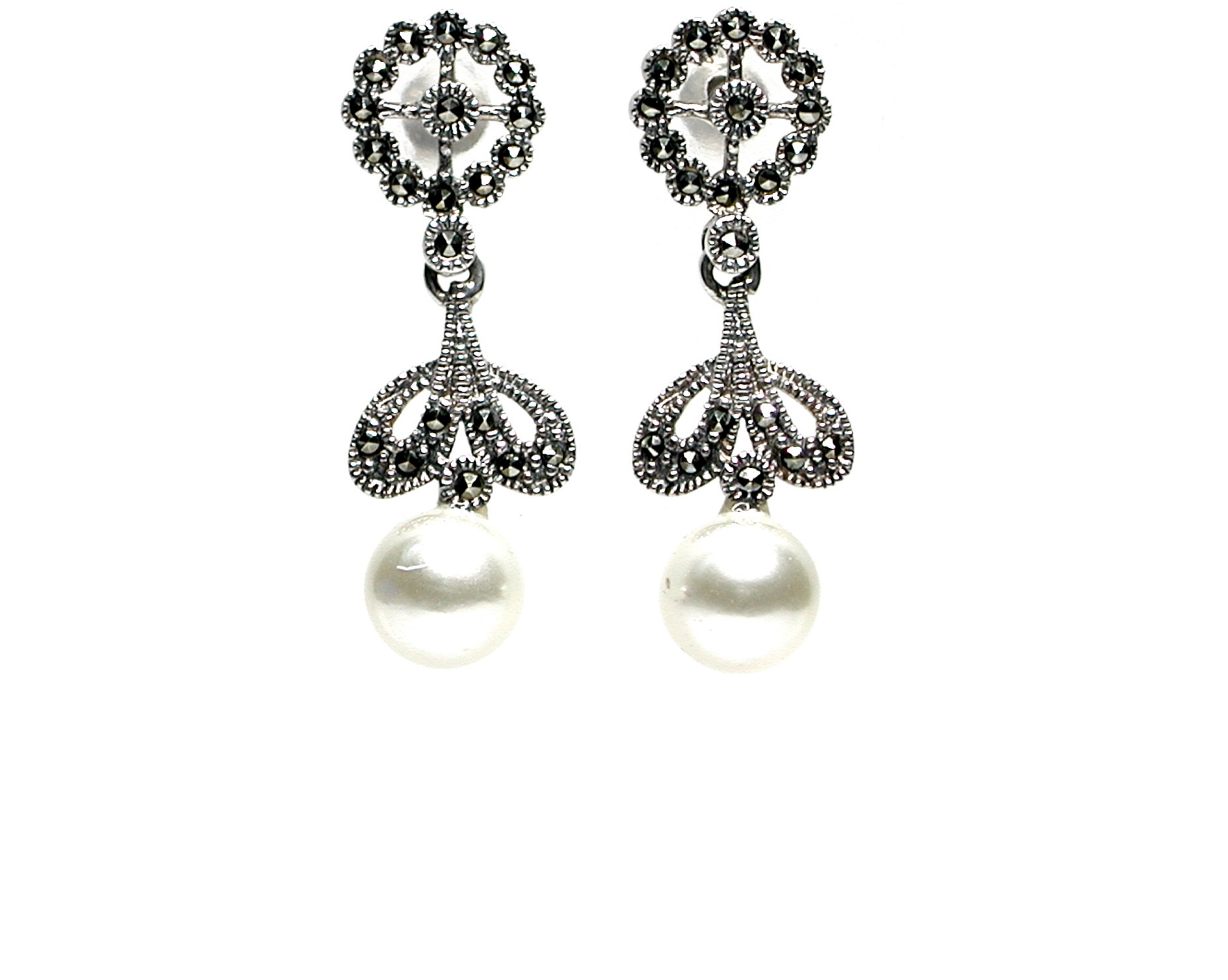 Pendientes de Plata de 1ª Ley, Perlas y Marcasitas. Ref. HP2828/13: Catálogo de Antigua Joyeros Pendientes de Plata de 1ª Ley, Perlas y Marcasitas. Ref. HP2828/13: Catálogo de Antigua Joyeros