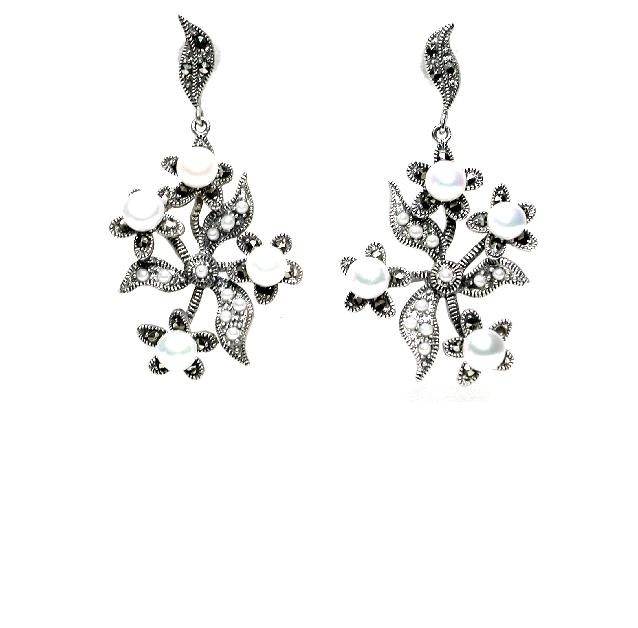 Pendientes de Plata de 1ª Ley, Perlas y Marcasita. Ref. EP-756/13: Catálogo de Antigua Joyeros Pendientes de Plata de 1ª Ley, Perlas y Marcasita. Ref. EP-756/13: Catálogo de Antigua Joyeros