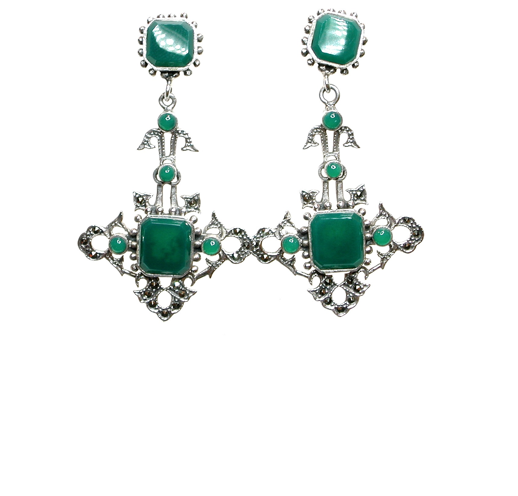 Pendientes de Plata de 1ª Ley, Ágatas verdes y Marcasitas. Ref. BP0516/04: Catálogo de Antigua Joyeros Pendientes de Plata de 1ª Ley, Ágatas verdes y Marcasitas. Ref. BP0516/04: Catálogo de Antigua Joyeros