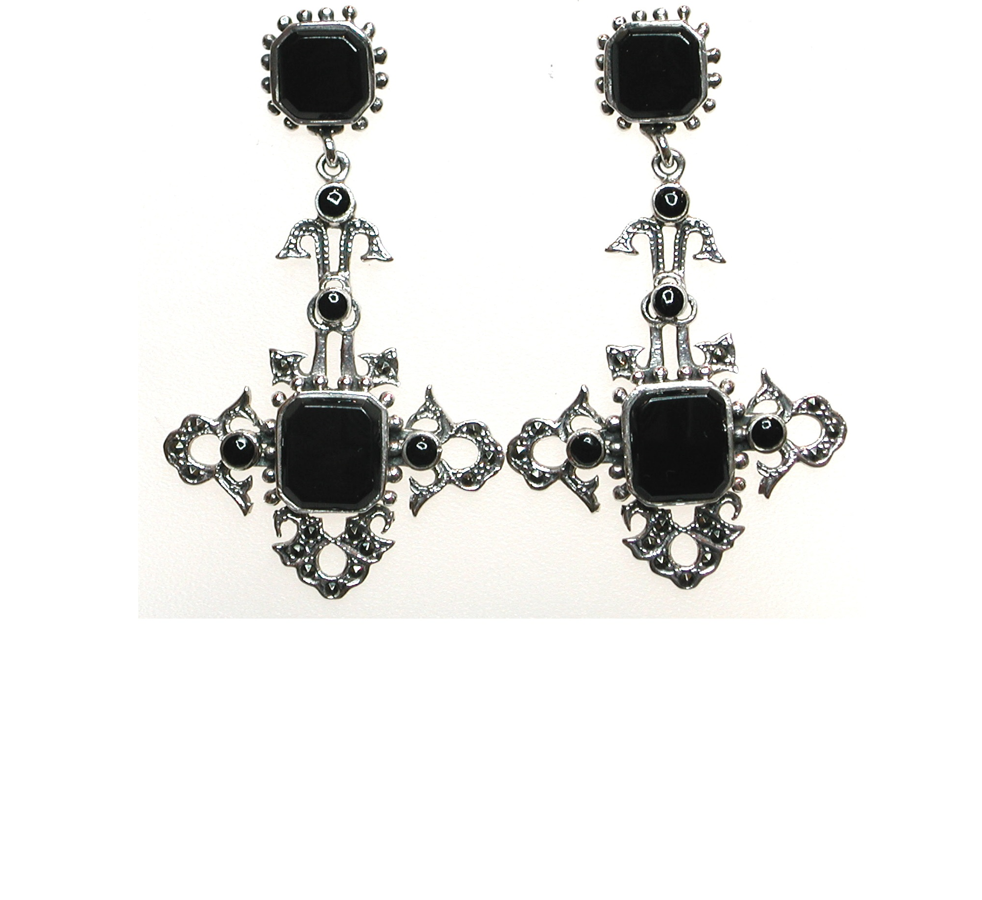 Pendientes de Plata de 1ª Ley, Ónix y Marcasitas. Ref. BP0516/01: Catálogo de Antigua Joyeros Pendientes de Plata de 1ª Ley, Ónix y Marcasitas. Ref. BP0516/01: Catálogo de Antigua Joyeros