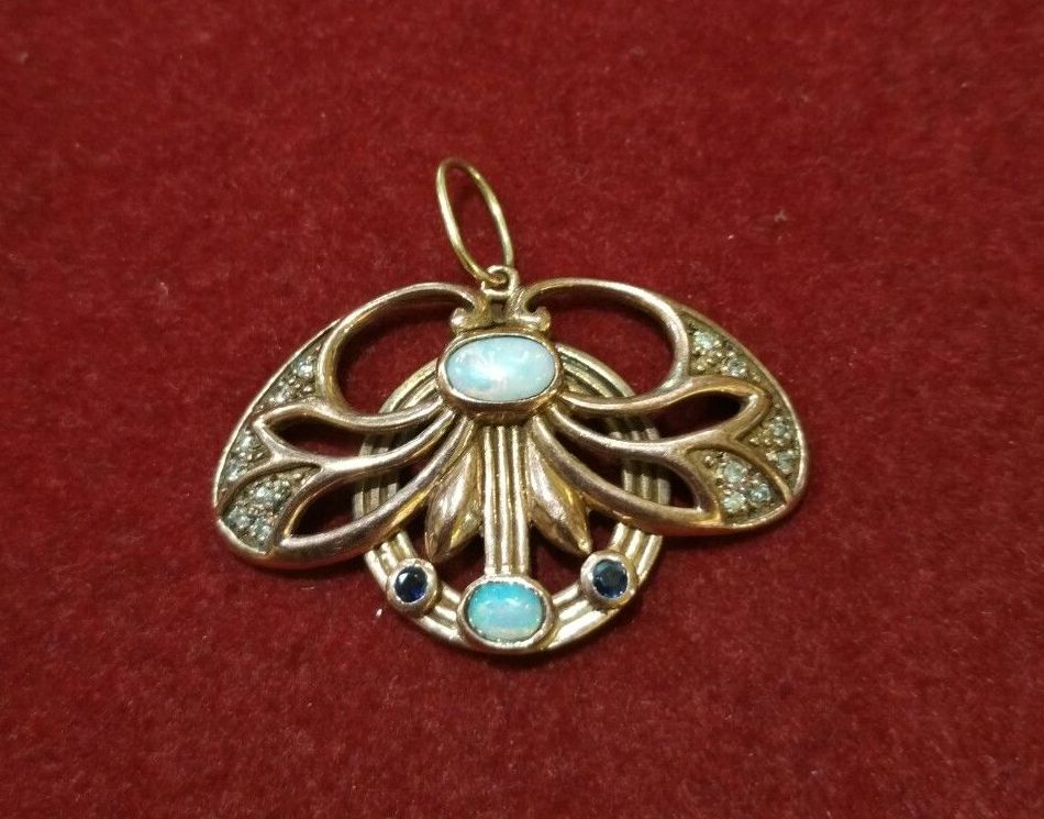 Colgante modernista en oro de 9k, con diamantes, ópalos ,zafiros.Ref.-13309: Catálogo de Antigua Joyeros Colgante modernista en oro de 9k, con diamantes, ópalos ,zafiros.Ref.-13309: Catálogo de Antigua Joyeros