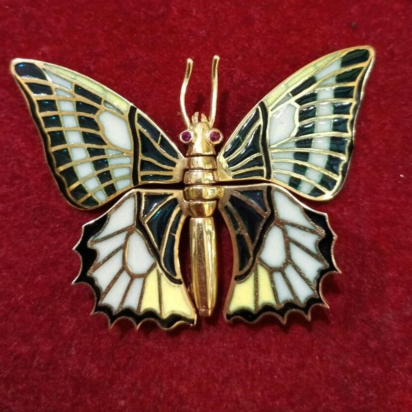 Broche de mariposa de oro de 18k esmalte pliqué a jour. S.XIX Ref. A-12527: Catálogo de Antigua Joyeros Broche de mariposa de oro de 18k esmalte pliqué a jour. S.XIX Ref. A-12527: Catálogo de Antigua Joyeros