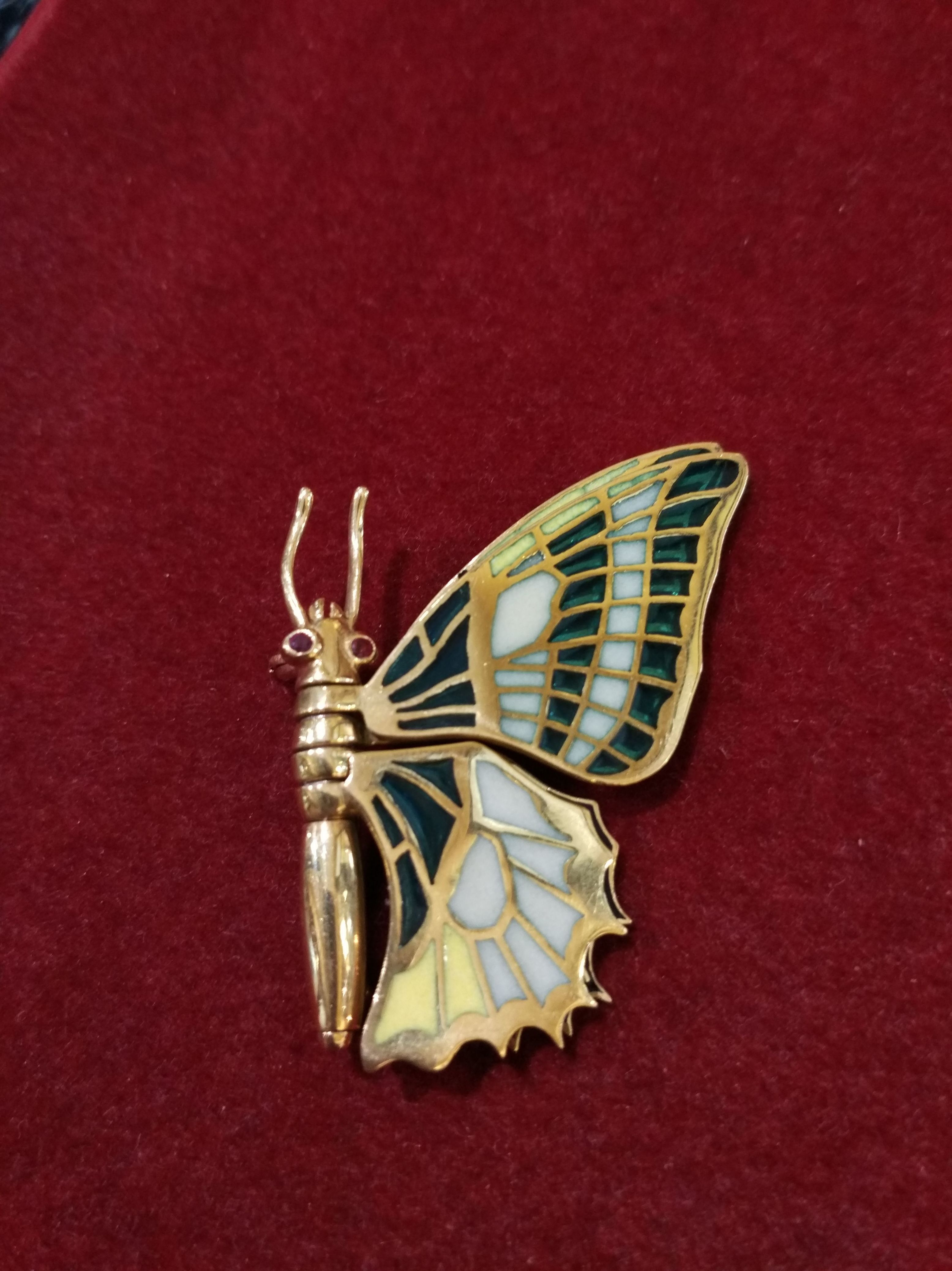 Broche de mariposa de oro de 18k esmalte pliqué a jour. S.XIX Ref. A-12527: Catálogo de Antigua Joyeros Broche de mariposa de oro de 18k esmalte pliqué a jour. S.XIX Ref. A-12527: Catálogo de Antigua Joyeros