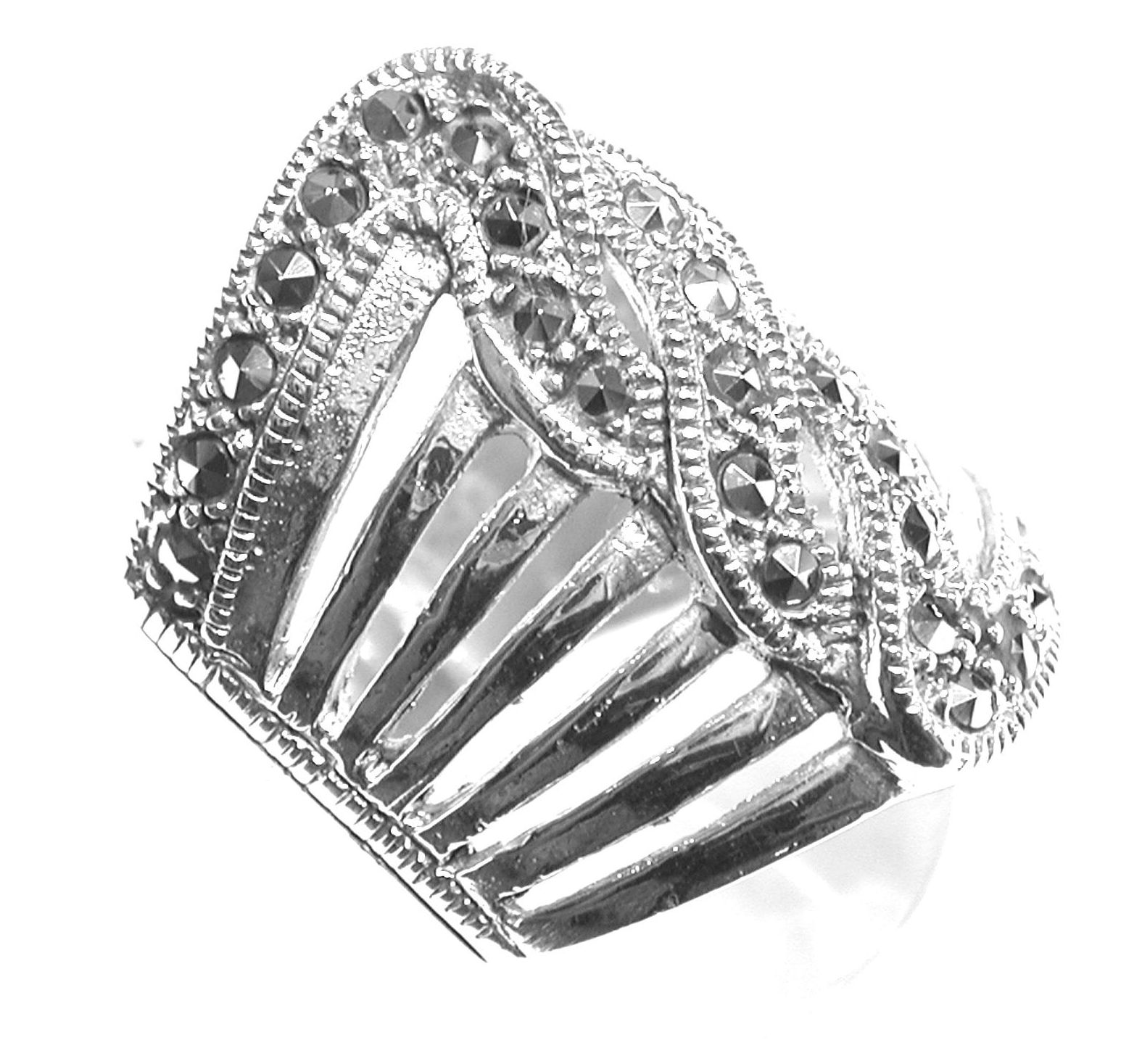 Sortija Ancha y calada de Plata de 1ª Ley con Marcasitas Ref. ES-882/00: Catálogo de Antigua Joyeros Sortija Ancha y calada de Plata de 1ª Ley con Marcasitas Ref. ES-882/00: Catálogo de Antigua Joyeros