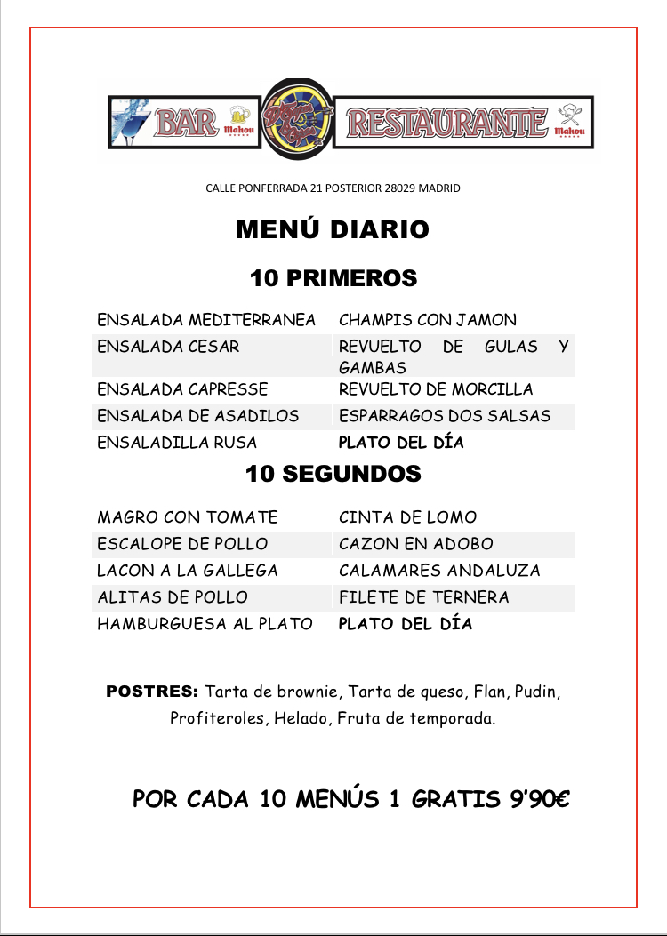 10 PRIMEROS Y 10 SEGUNDOS: Carta de D´Tapas & Copas 10 PRIMEROS Y 10 SEGUNDOS: Carta de D´Tapas & Copas