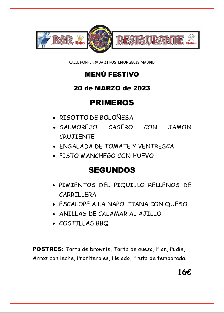 MENU ESPECIAL FESTIVO: Carta de D´Tapas & Copas MENU ESPECIAL FESTIVO: Carta de D´Tapas & Copas