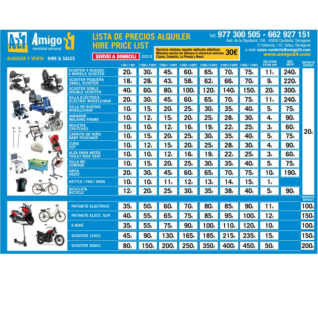 Lista de precios alquiler: Productos y servicios de Amigo 24 Salou Cambrils Lista de precios alquiler: Productos y servicios de Amigo 24 Salou Cambrils