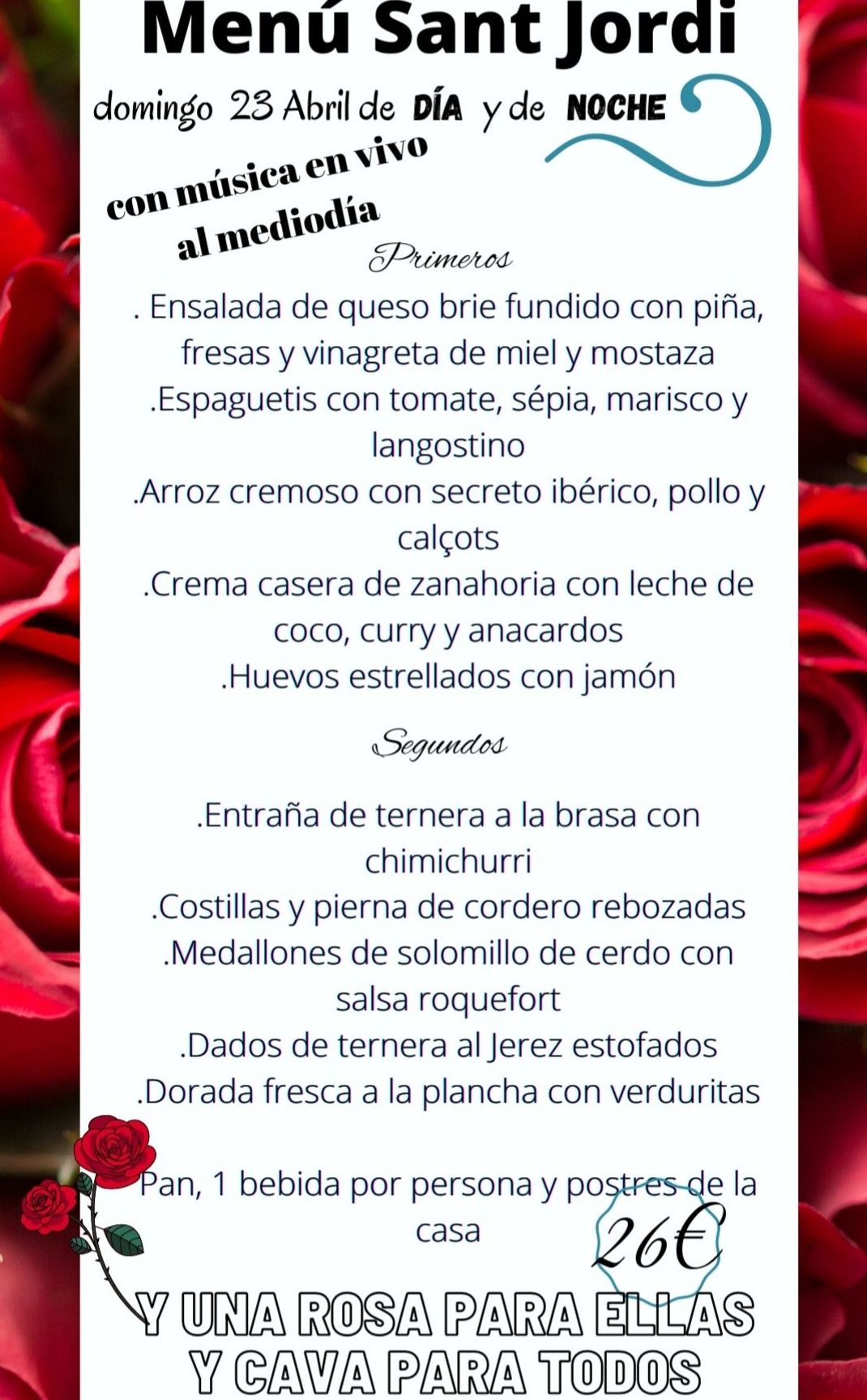 Menú de Sant Jordi en restaurant Moll vell de Badalona, de día y de noche!