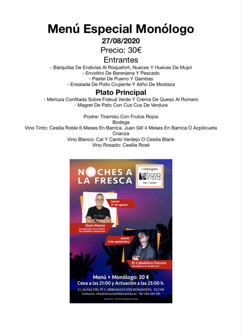 Cena con música en vivo : Carta, Menús y Bodega de Restaurante Bonavista (Club de Campo Elche) Cena con música en vivo : Carta, Menús y Bodega de Restaurante Bonavista (Club de Campo Elche)