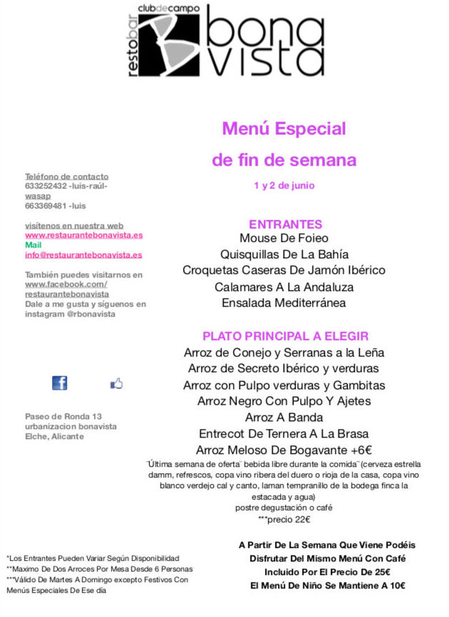 Menú de fin de semana : Carta, Menús y Bodega de Restaurante Bonavista (Club de Campo Elche) Menú de fin de semana : Carta, Menús y Bodega de Restaurante Bonavista (Club de Campo Elche)