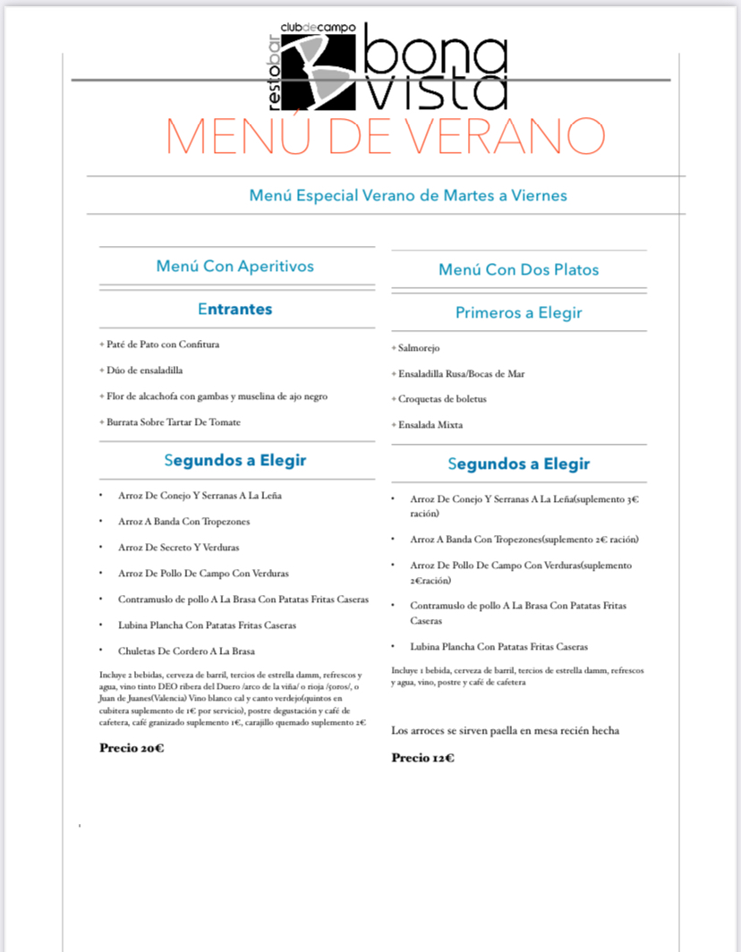 Menú Diario de Verano lunes 12 al viernes 16 de julio: Carta, Menús y Bodega de Restaurante Bonavista (Club de Campo Elche) Menú Diario de Verano lunes 12 al viernes 16 de julio: Carta, Menús y Bodega de Restaurante Bonavista (Club de Campo Elche)