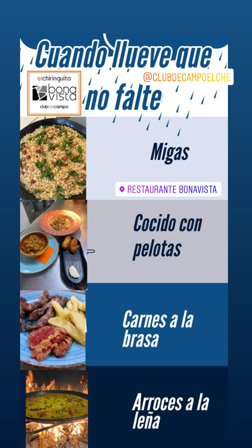 Este viernes por fin llueve: Carta, Menús y Bodega de Restaurante Bonavista (Club de Campo Elche) Este viernes por fin llueve: Carta, Menús y Bodega de Restaurante Bonavista (Club de Campo Elche)