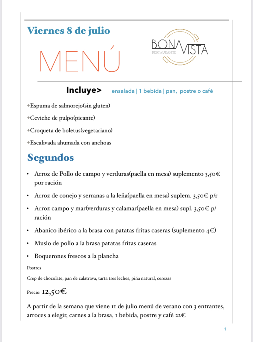 Menú diario viernes 8 de julio: Carta, Menús y Bodega de Restaurante Bonavista (Club de Campo Elche) Menú diario viernes 8 de julio: Carta, Menús y Bodega de Restaurante Bonavista (Club de Campo Elche)