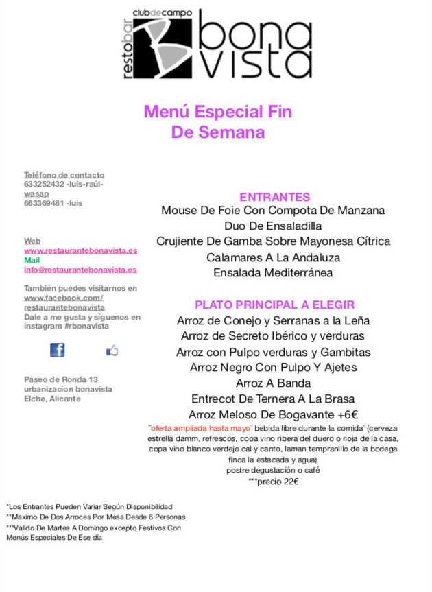 Menú de fin de semana : Carta, Menús y Bodega de Restaurante Bonavista (Club de Campo Elche) Menú de fin de semana : Carta, Menús y Bodega de Restaurante Bonavista (Club de Campo Elche)