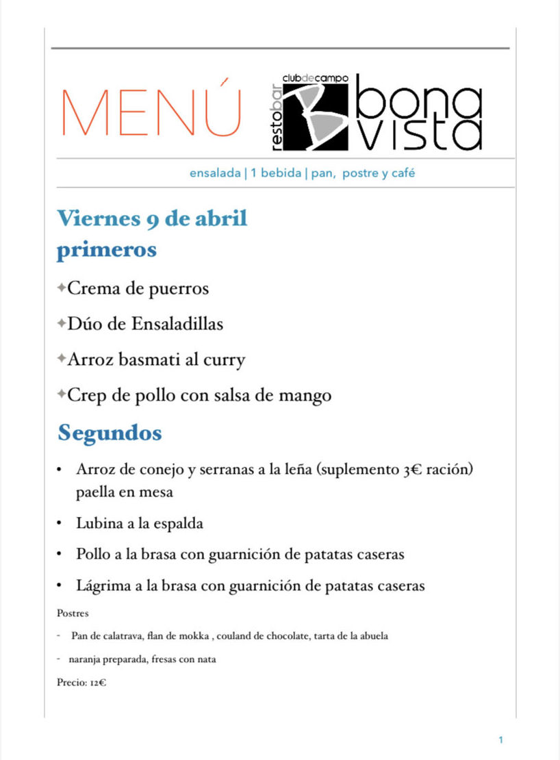 Menú Diario viernes: de Restaurante Bonavista Menú Diario viernes: de Restaurante Bonavista