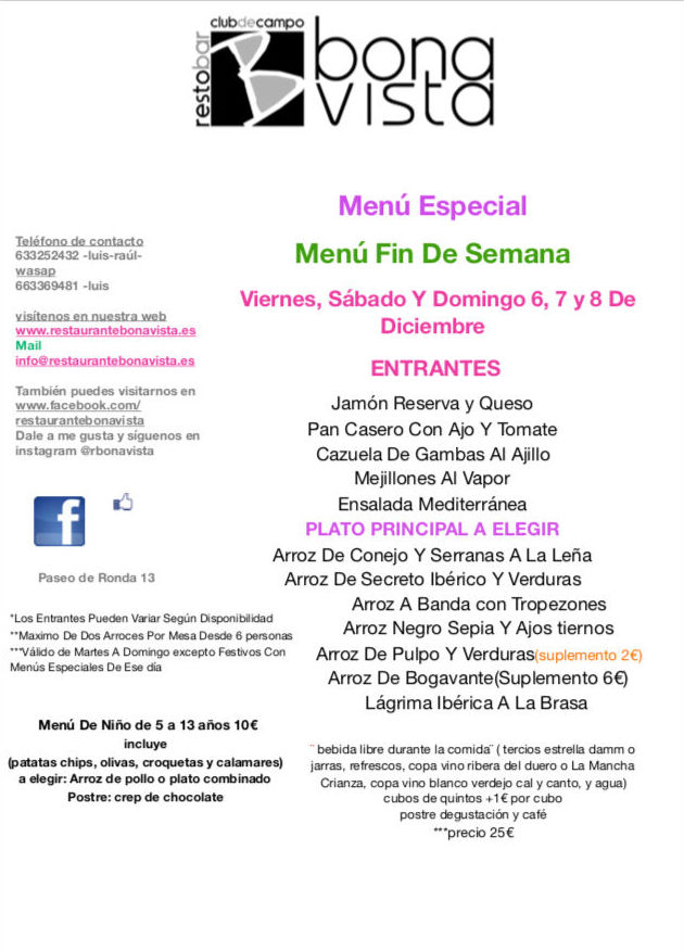 Menú puente de la purísima: Carta y Menús de Restaurante Bonavista Menú puente de la purísima: Carta y Menús de Restaurante Bonavista