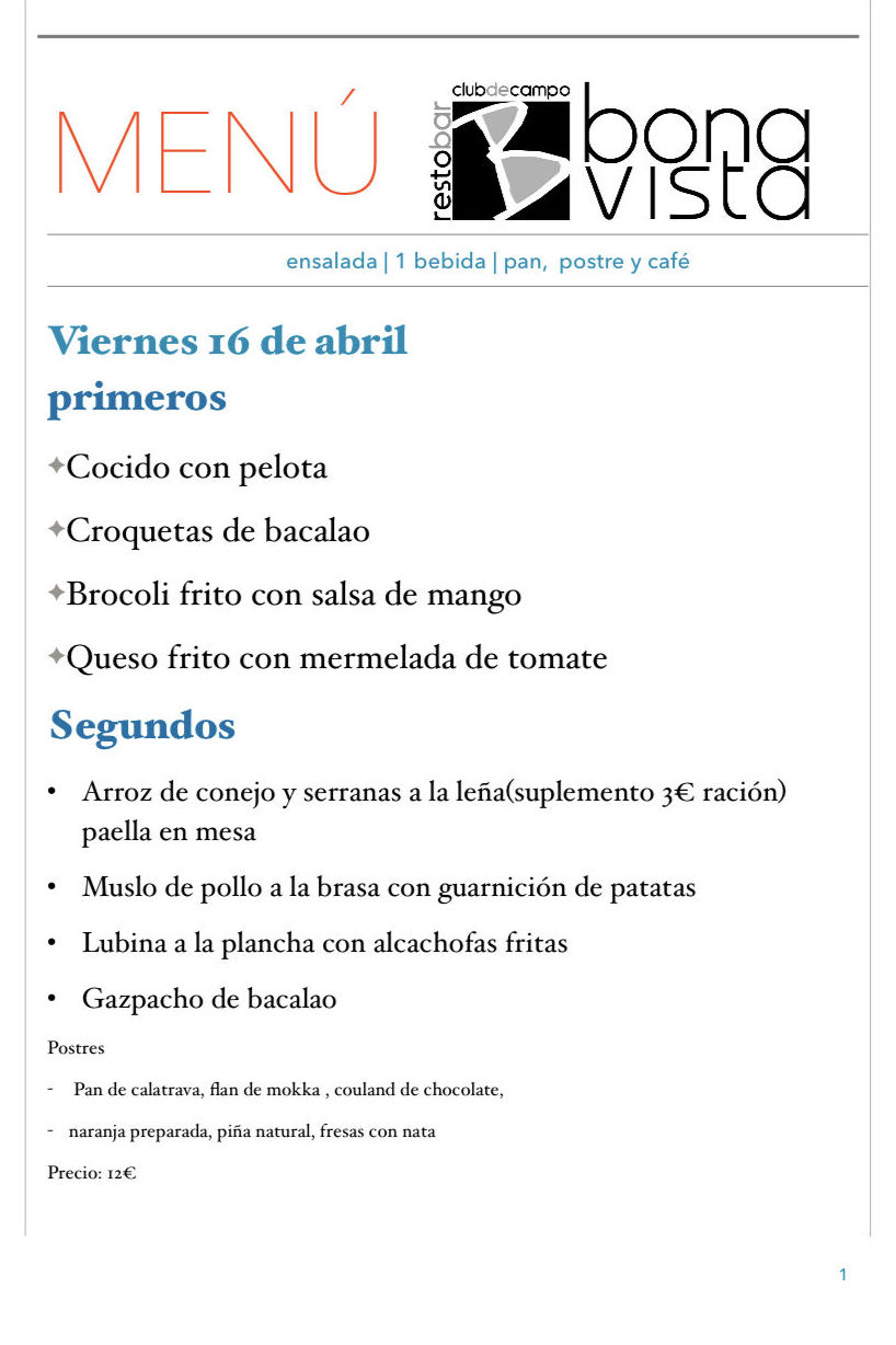 Menú Diario viernes: de Restaurante Bonavista Menú Diario viernes: de Restaurante Bonavista