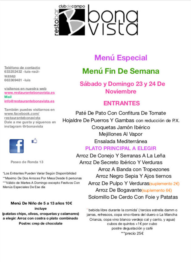 Menú puente de la purísima: Carta y Menús de Restaurante Bonavista Menú puente de la purísima: Carta y Menús de Restaurante Bonavista