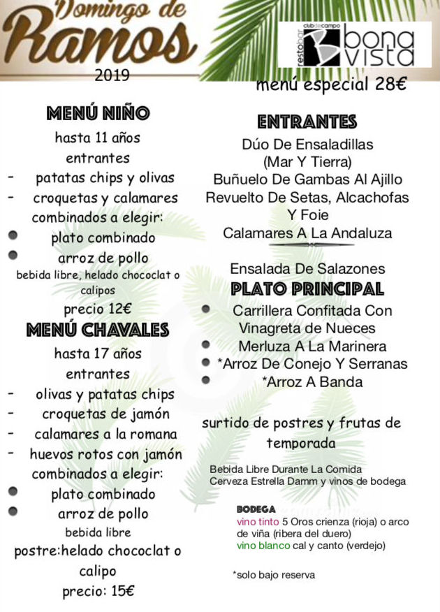 Menú Domingo de Ramos: de Restaurante Bonavista Menú Domingo de Ramos: de Restaurante Bonavista
