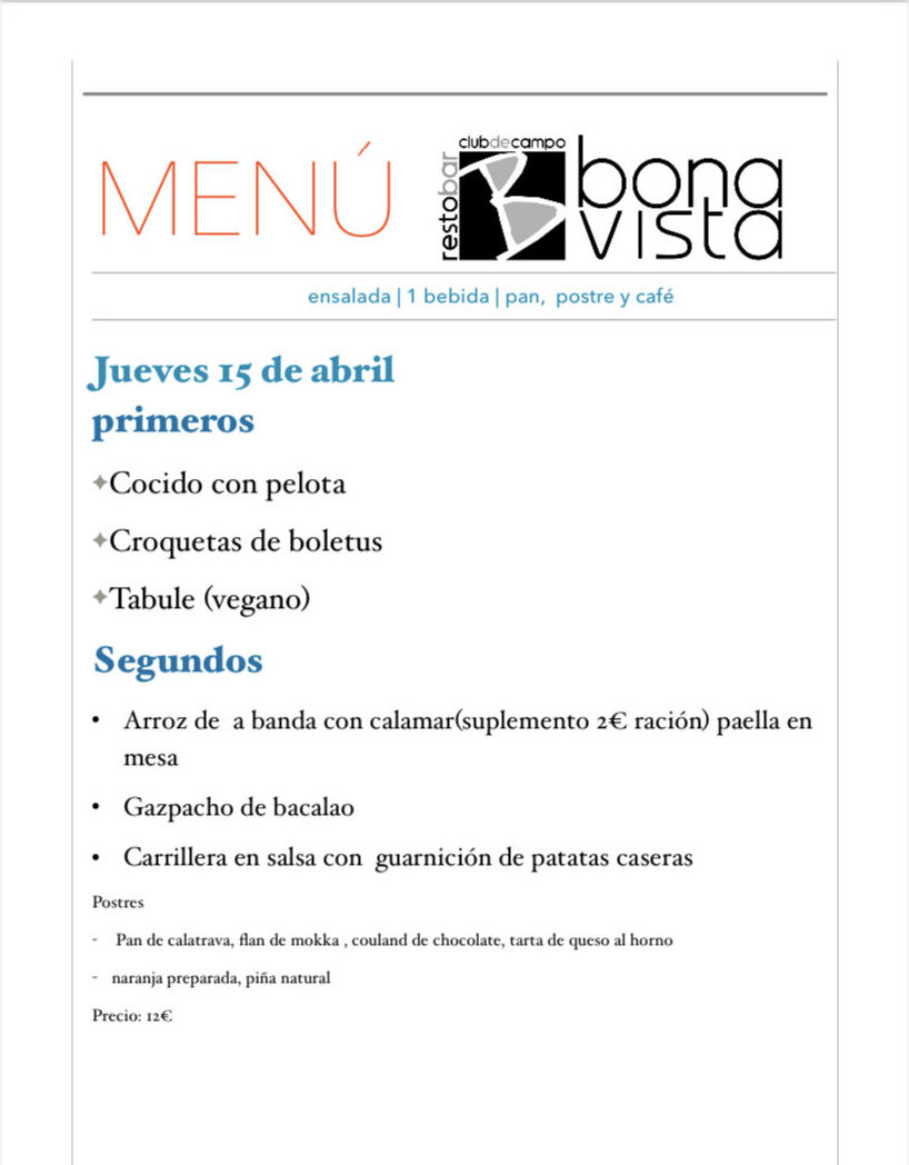 Menú Diario viernes: de Restaurante Bonavista Menú Diario viernes: de Restaurante Bonavista
