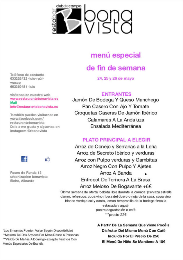 Menú de fin de semana : Carta, Menús y Bodega de Restaurante Bonavista (Club de Campo Elche) Menú de fin de semana : Carta, Menús y Bodega de Restaurante Bonavista (Club de Campo Elche)