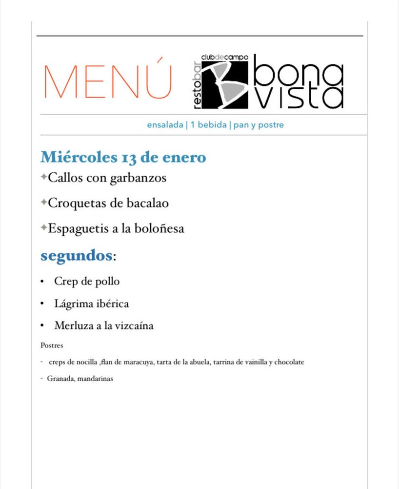 Menú Diario de martes a viernes : de Restaurante Bonavista Menú Diario de martes a viernes : de Restaurante Bonavista