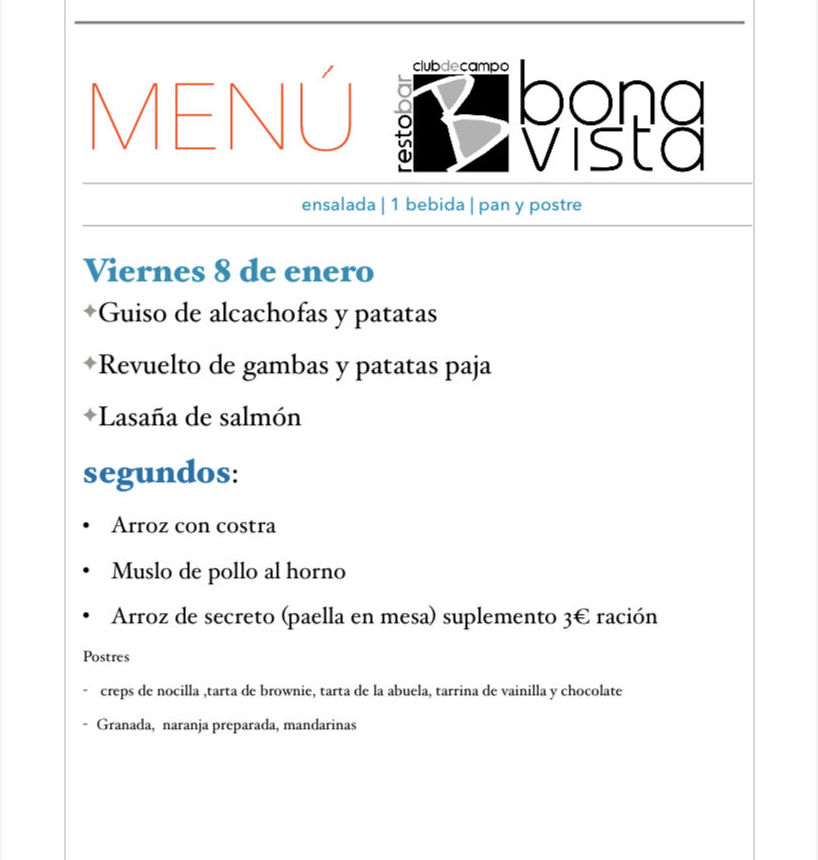 Menú Diario de martes a viernes : de Restaurante Bonavista Menú Diario de martes a viernes : de Restaurante Bonavista