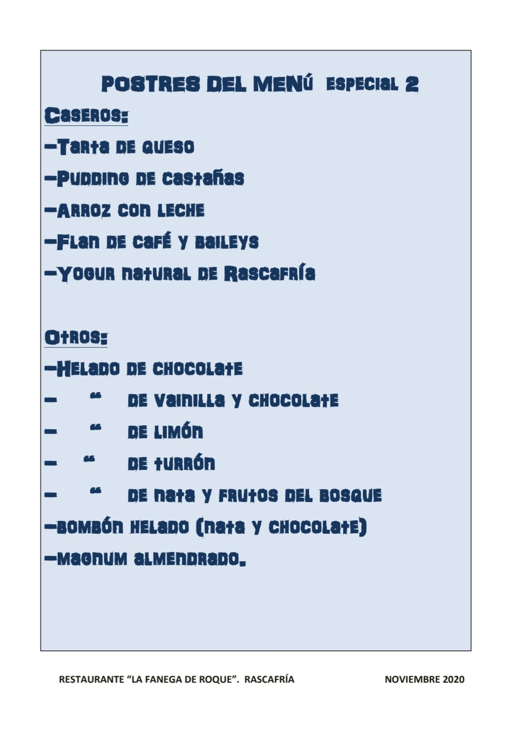 Menú especial: Carta de La Fanega de Roque - Comedor Solariego Menú especial: Carta de La Fanega de Roque - Comedor Solariego