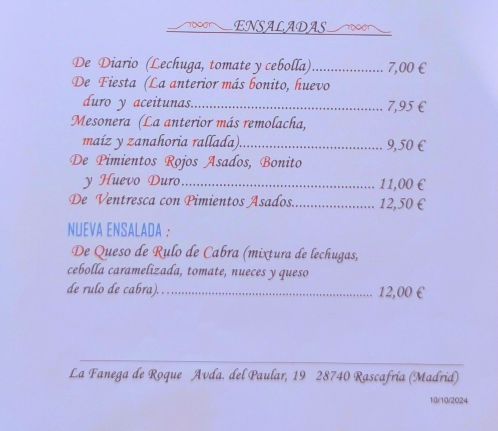 ENSALADAS: Carta de La Fanega de Roque - Comedor Solariego